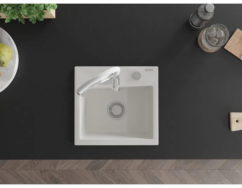 Mexen Milo, 1-komorový granitový drez 435x410x171 mm a drezová batéria Aster, biela, 6505-20-73450-02