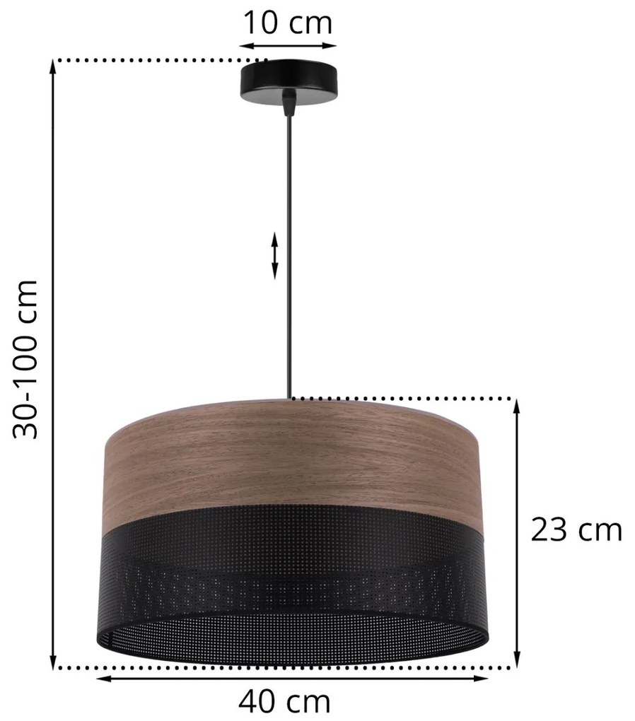 Závesné svietidlo Wood, 1x hnedá orechová dýha/čierne PVC tienidlo, (fi 40cm)