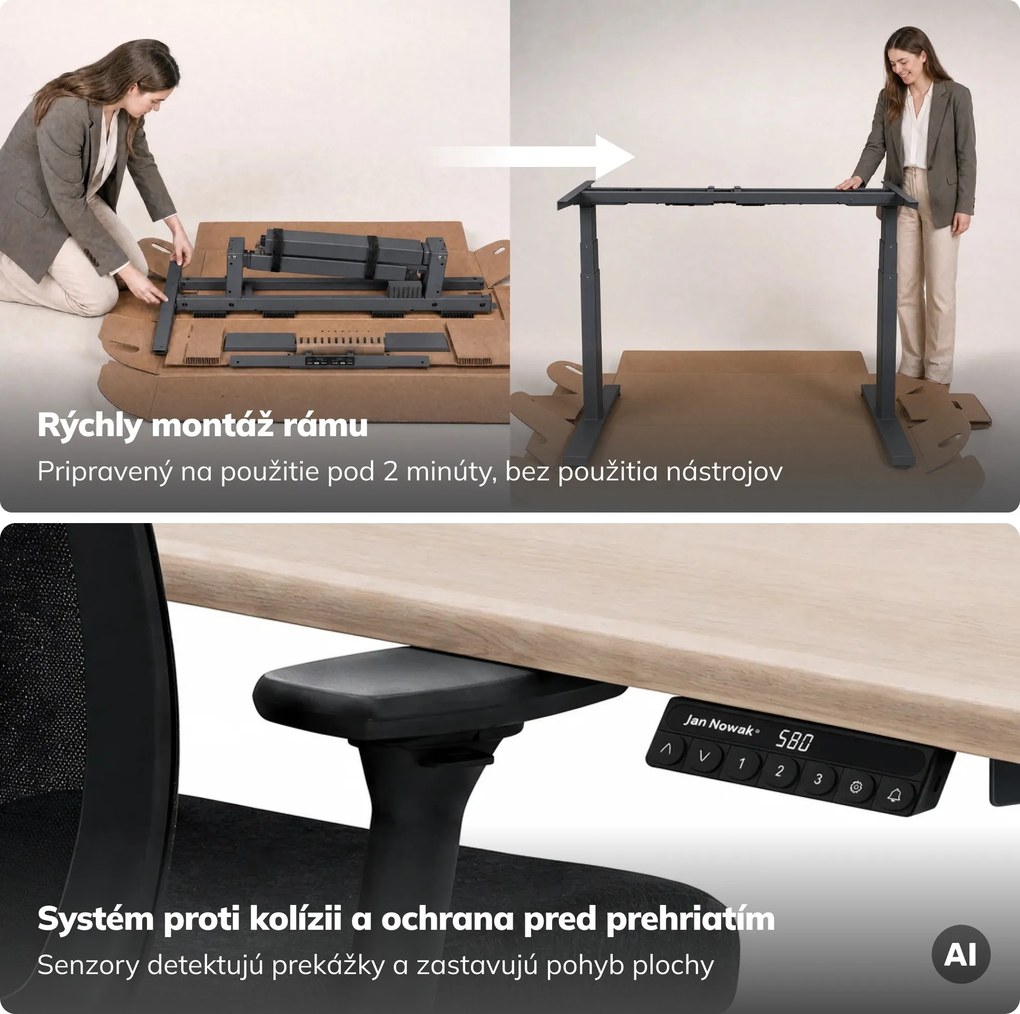 Elektrický stôl s reguláciou výšky ergonomický antracitový/dub sonoma,1200x600 mm: ARIA