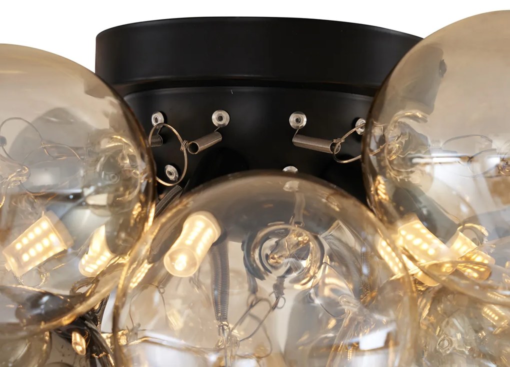 Dizajnové stropné svietidlo čierne s jantárovým a dymovým sklom 6 svetiel - Uvas