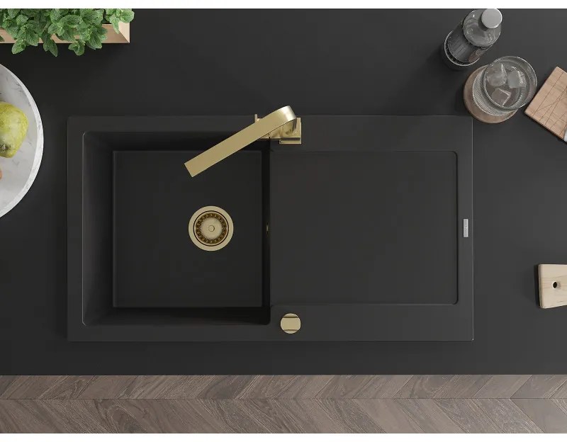 Mexen Leo, drez granitový 900x500x190 mm, 1-komorový, čierna so zlatým sifónom a zlatá drezová batéria Rita, 6501-77-670300-50