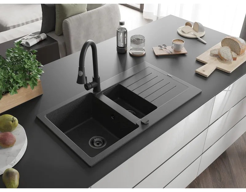 Mexen Matias, 1,5-komorový granitový drez 900x505x200 mm a drezová batéria Elia, čierna škvrnitá, 6502-76-670101-70-B