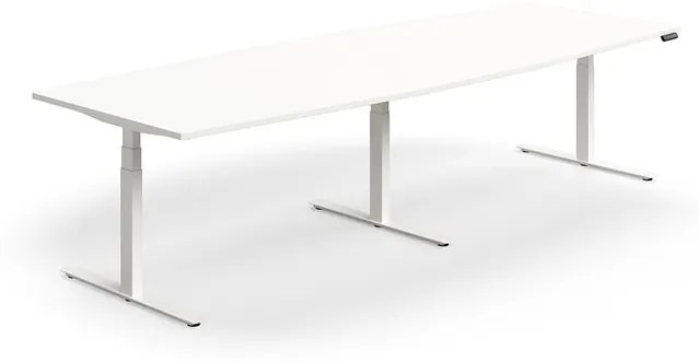 Výškovo nastaviteľný rokovací stôl QBUS, ovál, 3200x1200 mm, biely rám, biela