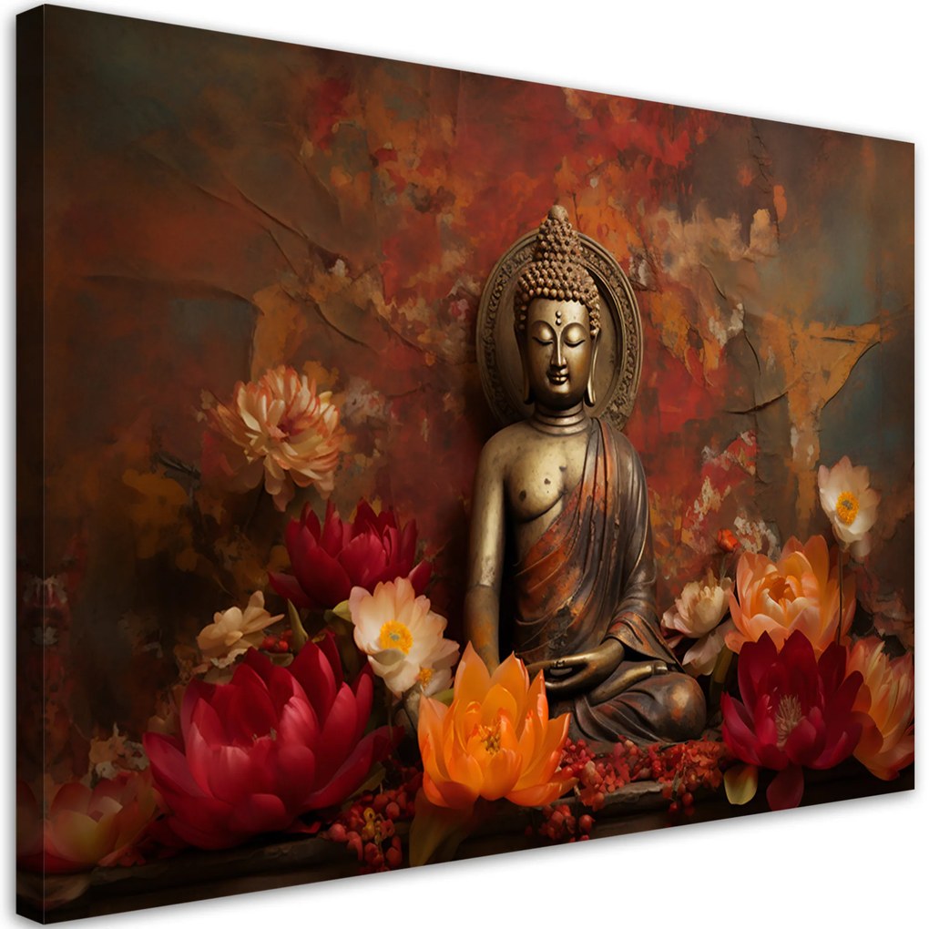 Gario Obraz na plátne Socha meditujúceho Budhu a farebné kvety Rozmery: 60 x 40 cm