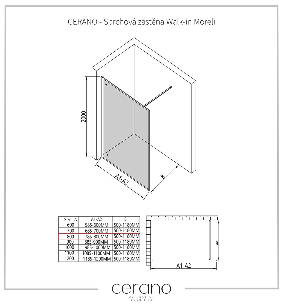 Cerano Moreli, sprchová zástena 80x200 cm, 8mm číre sklo, čierny profil, CER-CER-417605