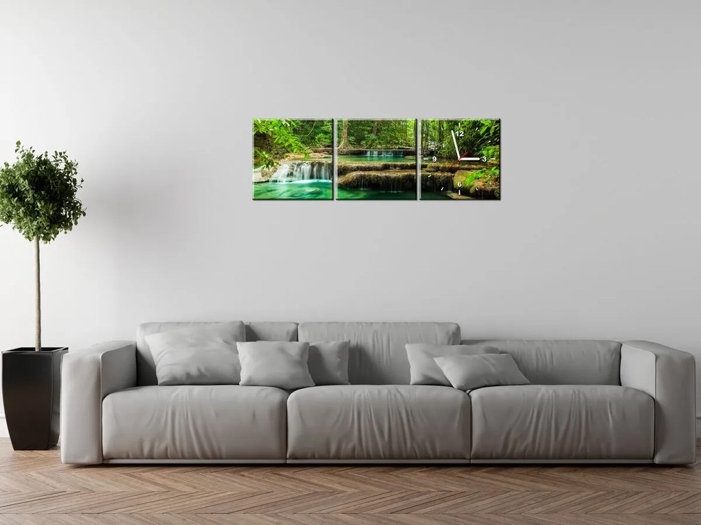 Gario Obraz s hodinami Vodopád Erawan v Thajsku - 3 dielny Rozmery: 90 x 70 cm