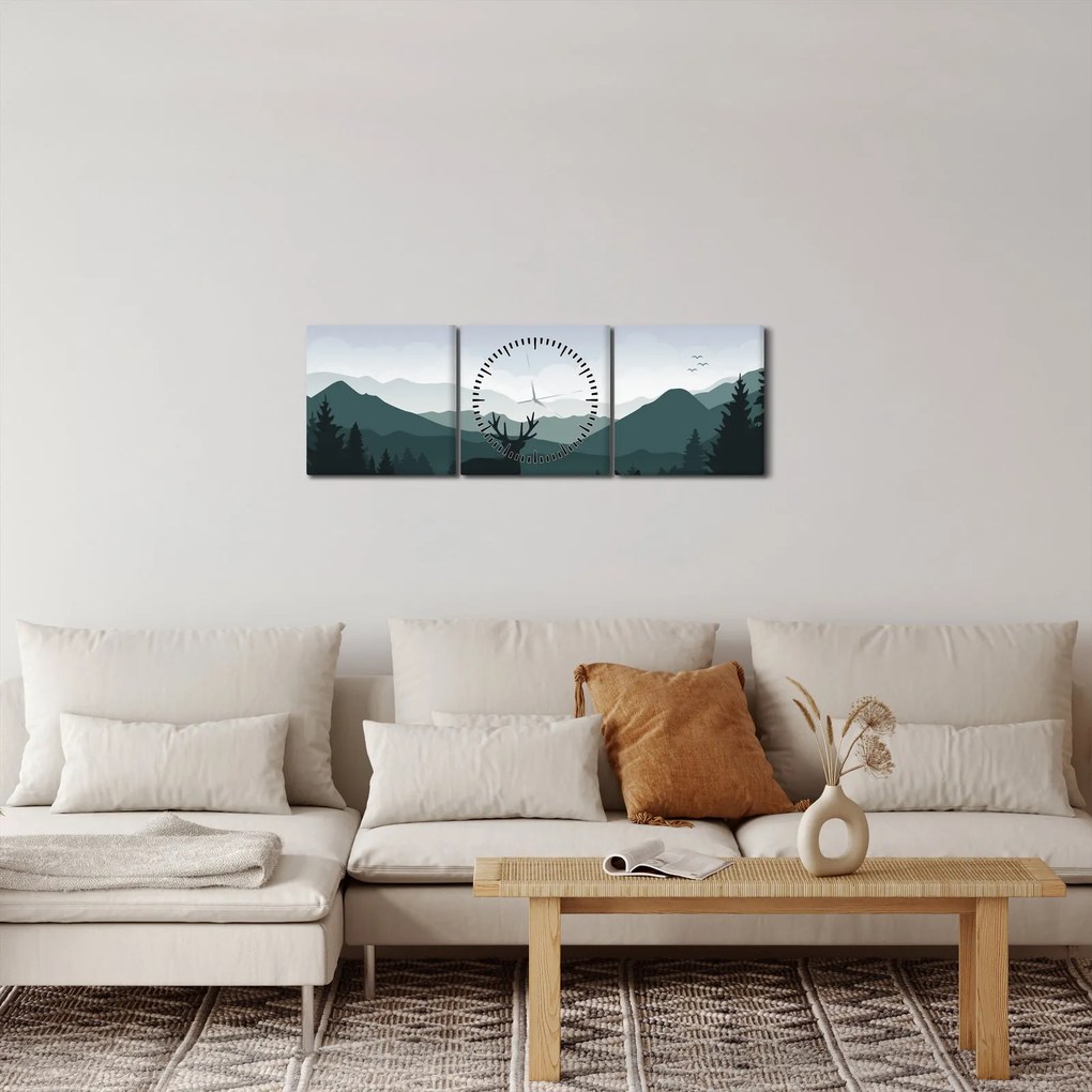 Obraz - Jeleň s vlkom v skalách (s hodinami) (90x30 cm)