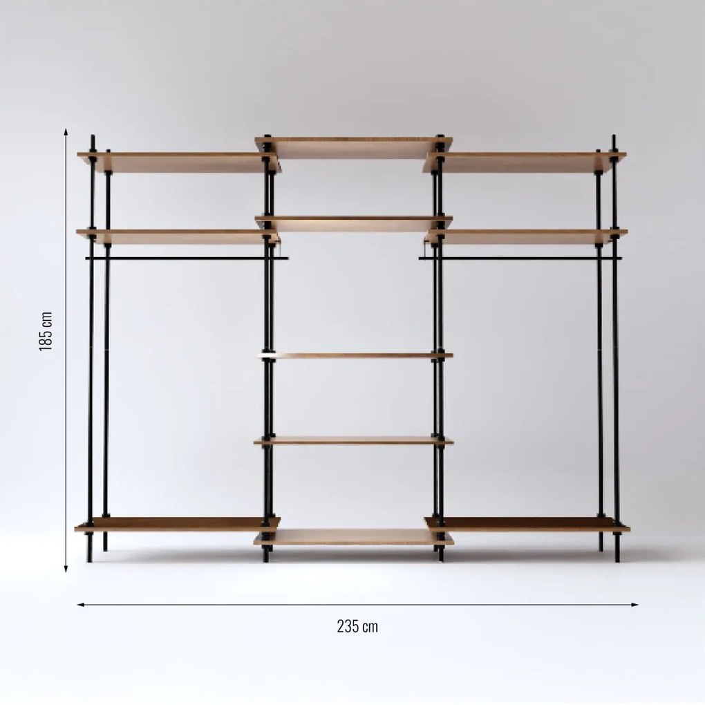Otvorená šatníková skriňa v industriálnom dizajne DECO s 11 policami, 185x235x35 cm