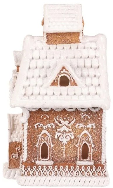Vianočná dekorácia Perníkový domček so zasneženou strechou, polyresin, LED, hnedá