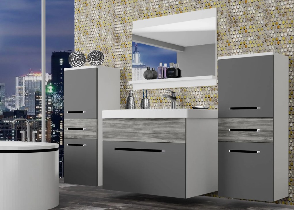 Kúpeľňový nábytok Belini šedý mat / šedý antracit Glamour Wood + umývadlo + zrkadlo  ROD M 4/0/W/SRGW/0/ZW