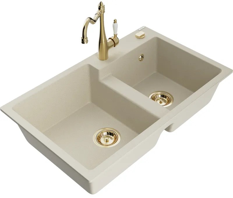 Mexen Tomas, granitový drez 800x500x190 mm, 2-komorový a drezová batéria Carla, béžová, 6516-69-670700-50
