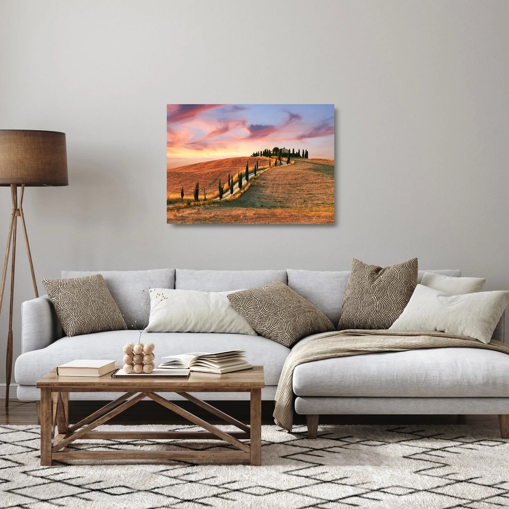 Sklenený obraz - Dom na kopci, Toskánsko, Taliansko (70x50 cm)