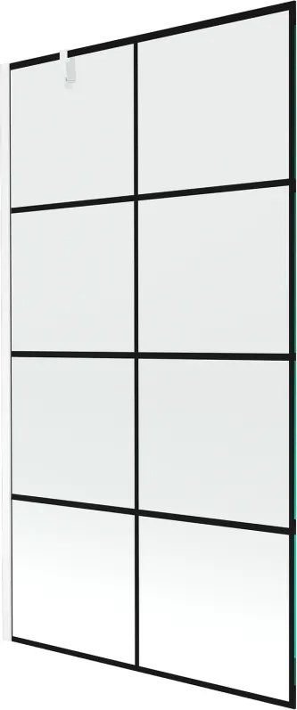 Mexen Next, vaňová zástena 1-krídlová 100 x 150 cm, fixné krídlo, 6 mm číre sklo s čiernym vzorom, biely profil, 895-100-000-00-77-20