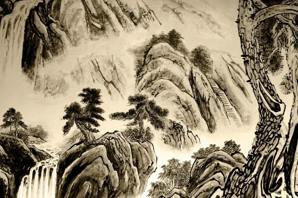 Obraz čínska krajinomaľba v sépiovom prevedení Varianta: 120x80