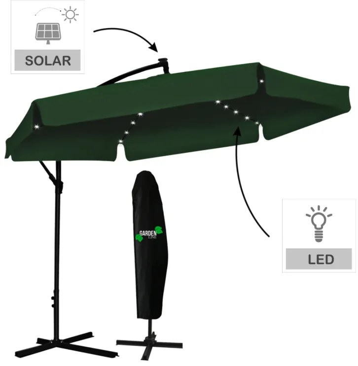 Zelený záhradný slnečník so stojanom a LED osvetlením