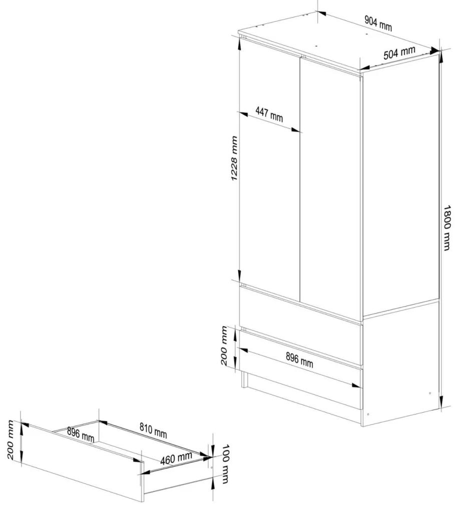 Šatní skříň CL S 90 cm 2 dveře 2 zásuvky grafitově šedá/bílá