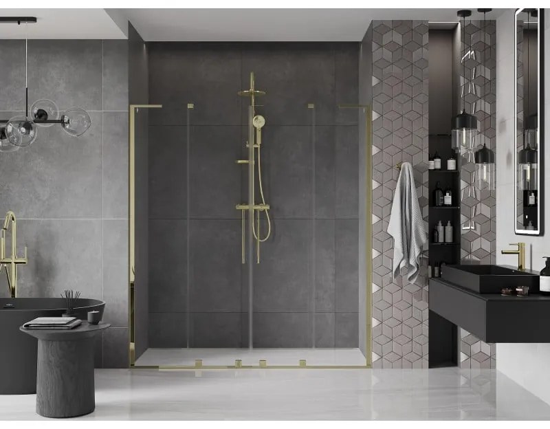 Mexen Velar L Duo, posuvné sprchové dvere do otvoru 180 cm, 8mm číre sklo, zlatá lesklá, 871-180-003-02-50