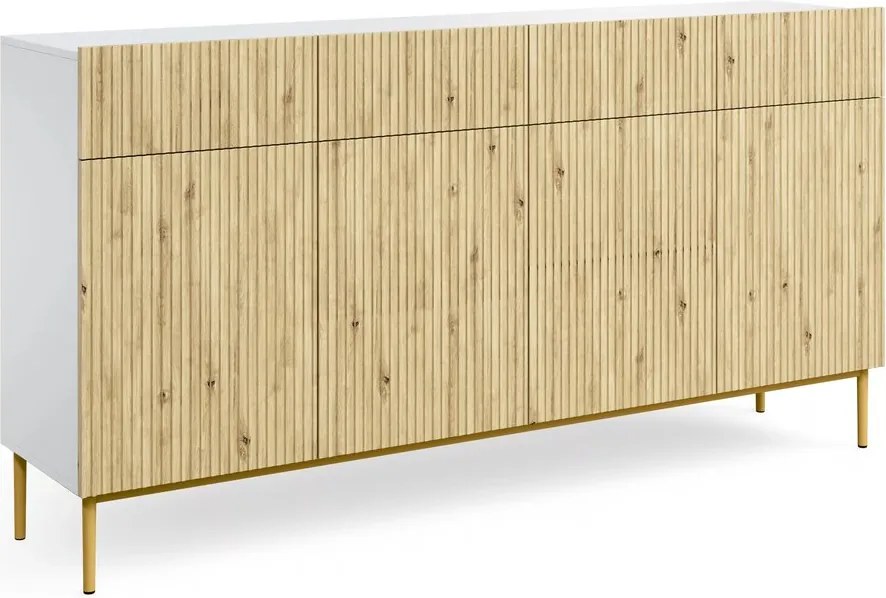 Biela štvordverová komoda Nicole 200 cm so zásuvkami - biely / dub artisan / zlaté nožičky