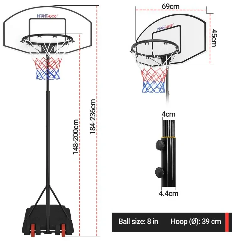 Basketbalový kôš s kolieskami, nastaviteľný 148-236 cm