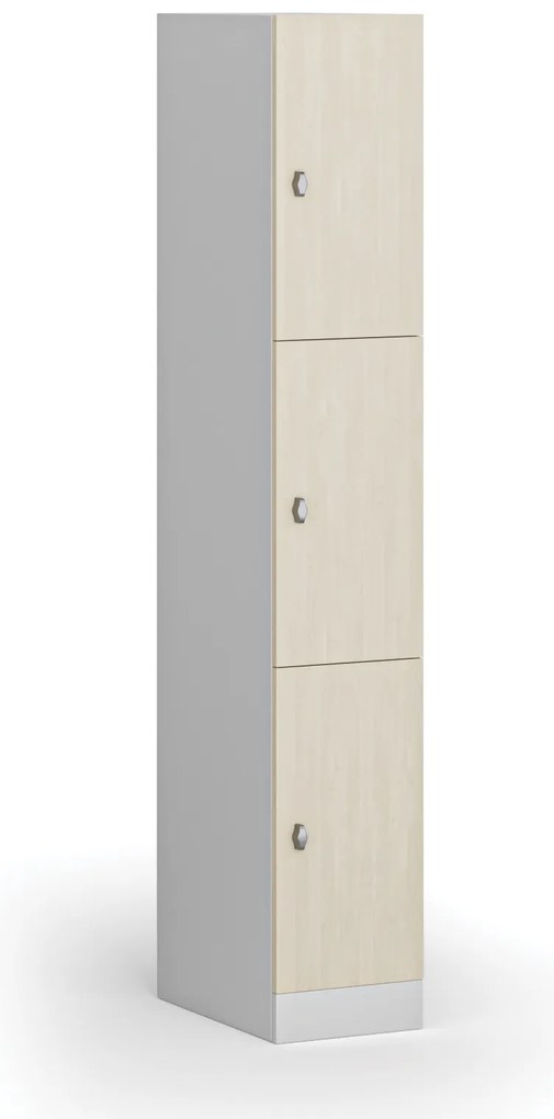 Šatníková skrinka S1 s úložnými boxmi, 3 boxy, 1850 x 300 x 500 mm, demont, otočný zámok, laminované dvere, breza