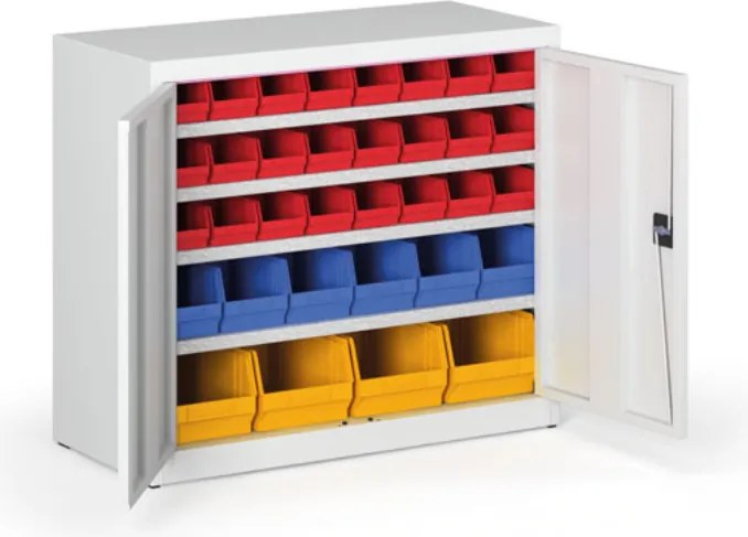 Skriňa s plastovými boxmi BASIC - 800 x 400 x 920 mm, 24xA, 6x B, 4x C, sivá/sivé dvere