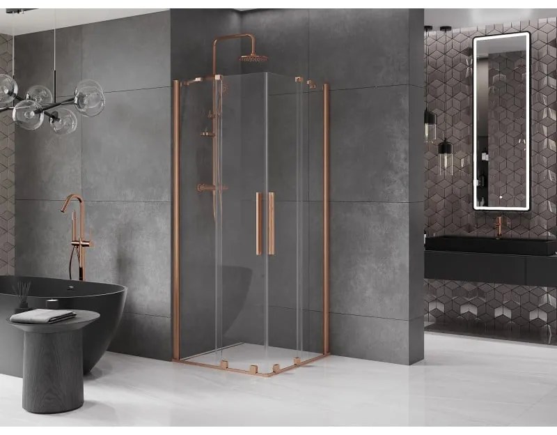 Mexen Velar Duo, sprchový kút s posuvnými dverami 80(dvere) x 80(dvere) cm, 8mm číre sklo, medená matná profil, 871-080-080-02-65