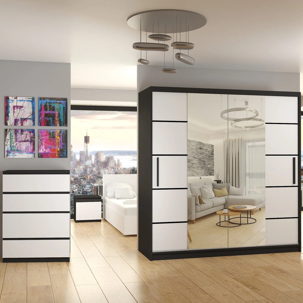 Šatníková skriňa 200 cm Belini čierny mat / biely mat s posuvnými dverami zrkadlom a zásuvkami  ME SZP5/1/B/W/0/KLP