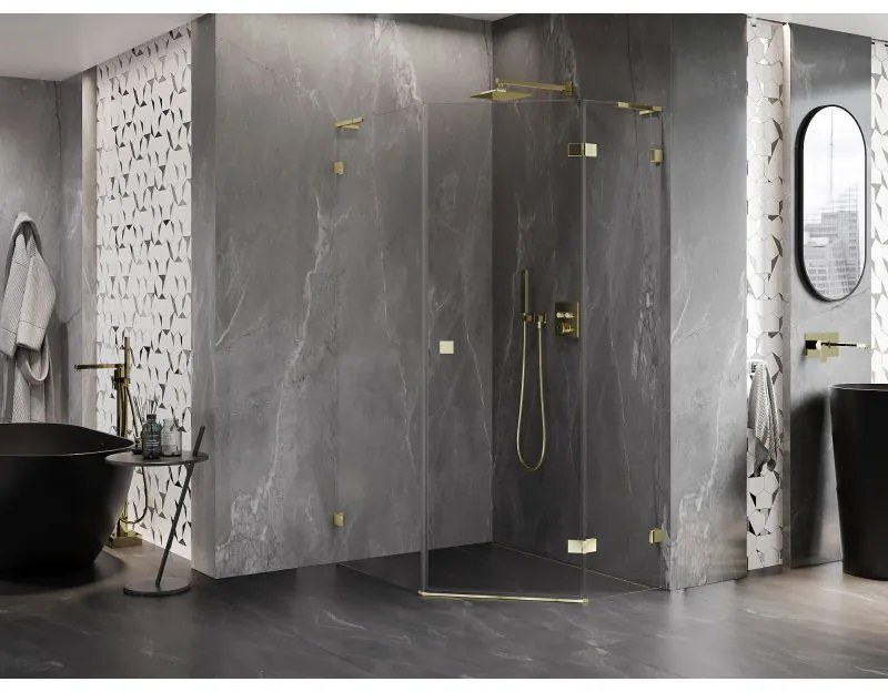 Mexen Lunar, L pravý výklopný päťuholníkový sprchový kút 80 x 90 cm, 8mm číre sklo, zlatý profil, 831L-080P-090L-50-00-P