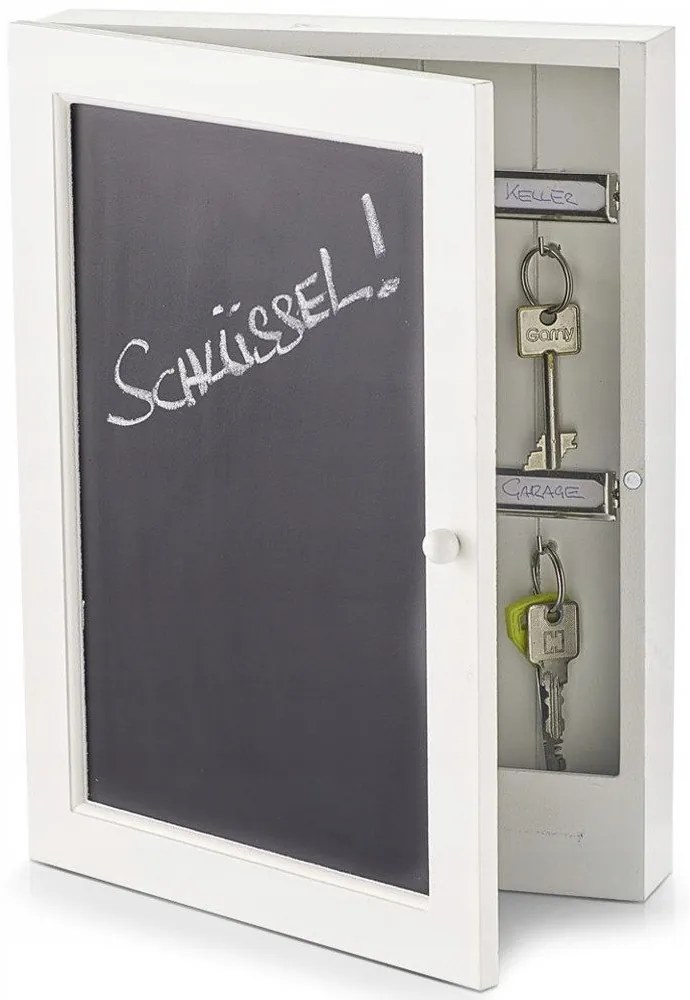 Skrinka na kľúče, vešiak na kľúče s tabuľou, drevená, biela BLACKBOARD