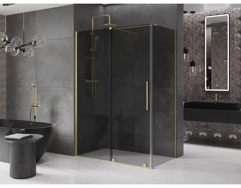 Mexen Velar, sprchový kút s posuvnými dverami 140 x 75 cm, 8mm šedé sklo, zlatá matná, 871-140-075-41-55