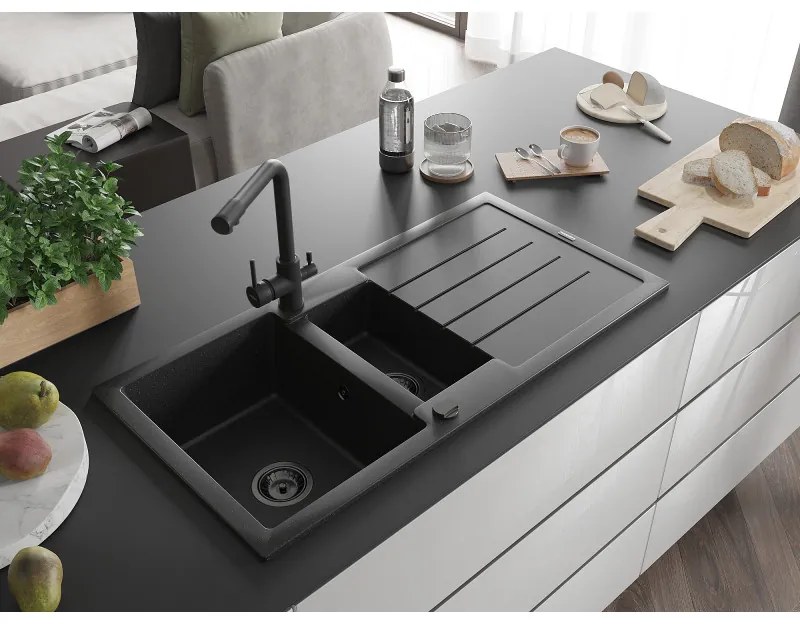 Mexen Andres, granitový drez 1000x500x200 mm, 1,5-komorový + čierna batéria Duero, čierna-strieborná metalíza, 6515-73-671600-70-B