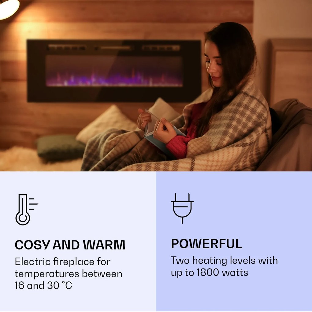Klarstein Galeras, elektrický nástenný a vstavaný krb, 1800 W, LED, 3 farby, časovač