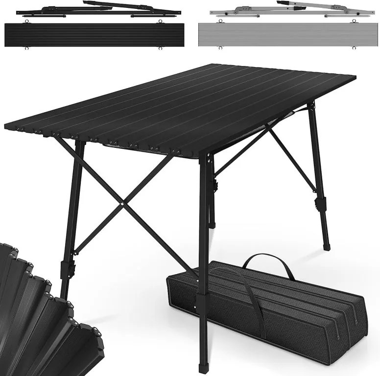 Miadomodo skladací kempingový stôl JG95144 90 x 45-65 x 53 cm čierny s taškou