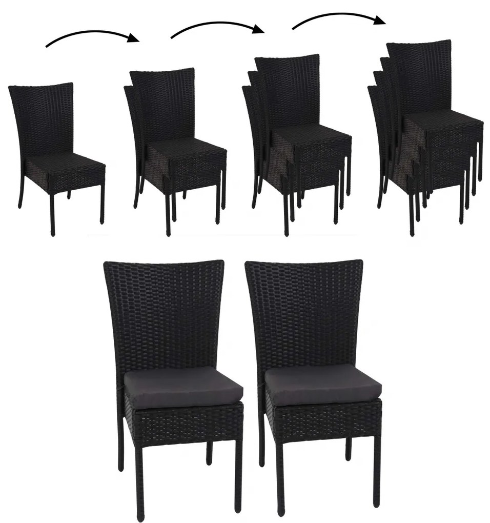 Set 2 záhradných stoličiek HWC-G19, polyratan, stohovateľná - čierne, vankúše tmavo sivé