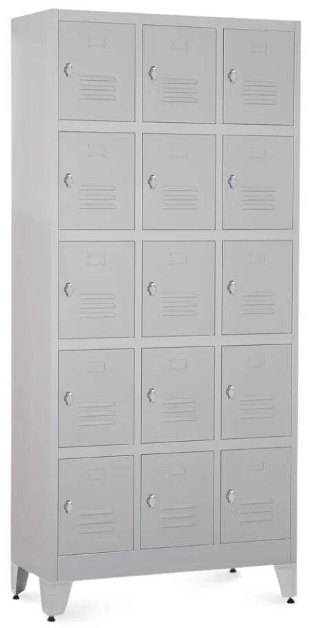 Kovová šatníková skrinka - 15 boxov, 90 x 40 x 196,5 cm, nastaviteľné nôžky, otočný zámok, svetlo sivá - ral 7035