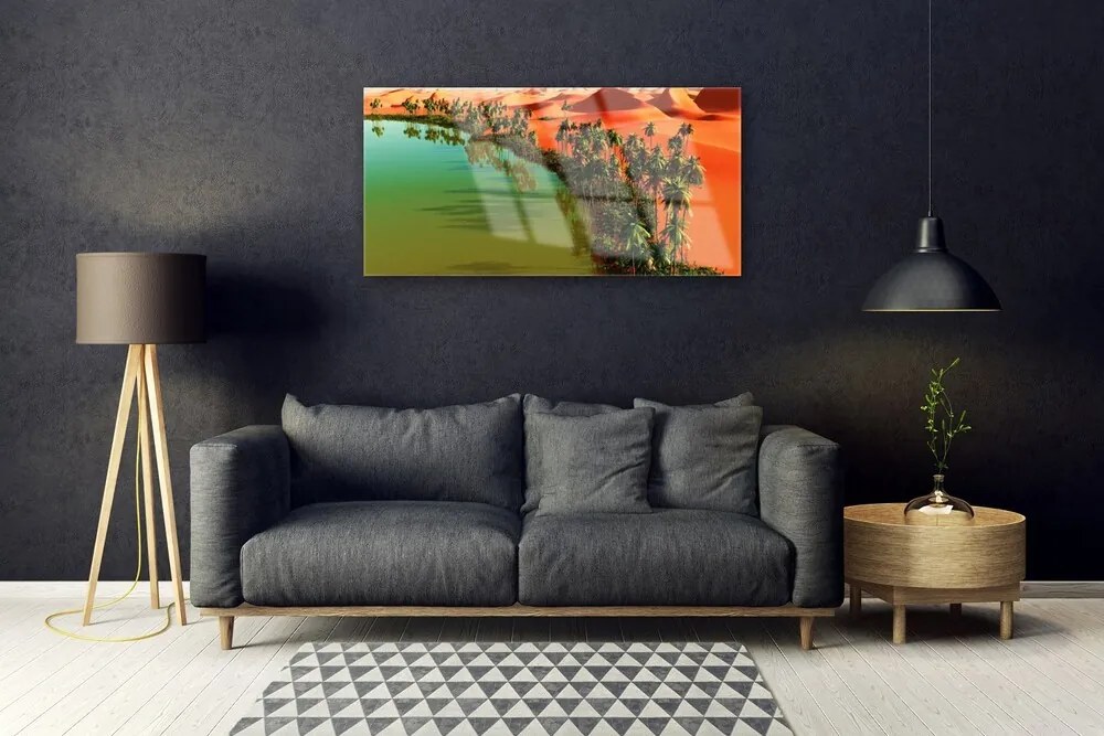 Skleneny obraz Jazero púšť palmy 140x70 cm