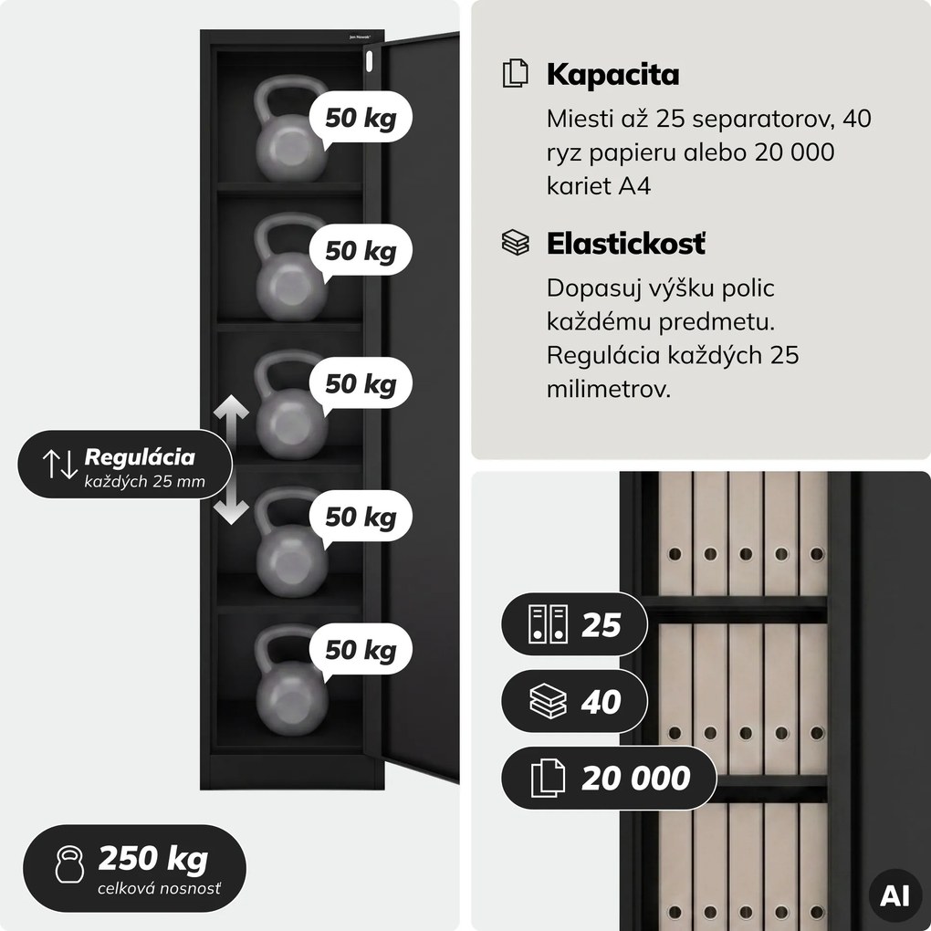 Kovová kancelárska skriňa na dokumenty, široká, čierna, 450x1850x400 mm: ALEX