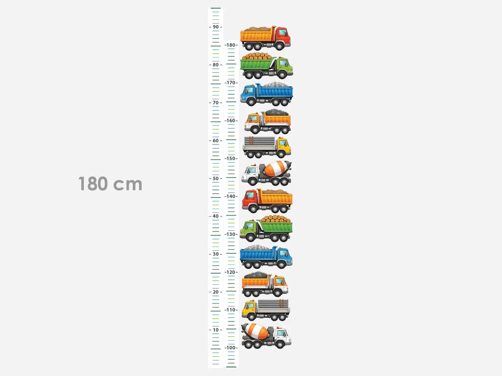Detský meter s nákladnými autami textilní prelepiteľná nálepka na stenu výška 160 cm