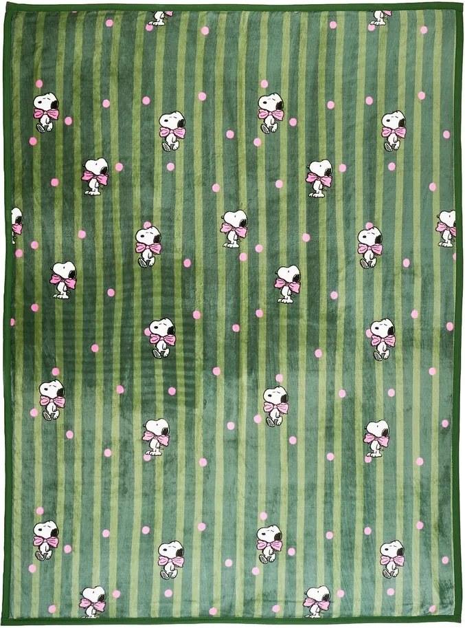 PEANUTS Fleecová deka Snoopy s mašľou 130 x 170 cm - zelená