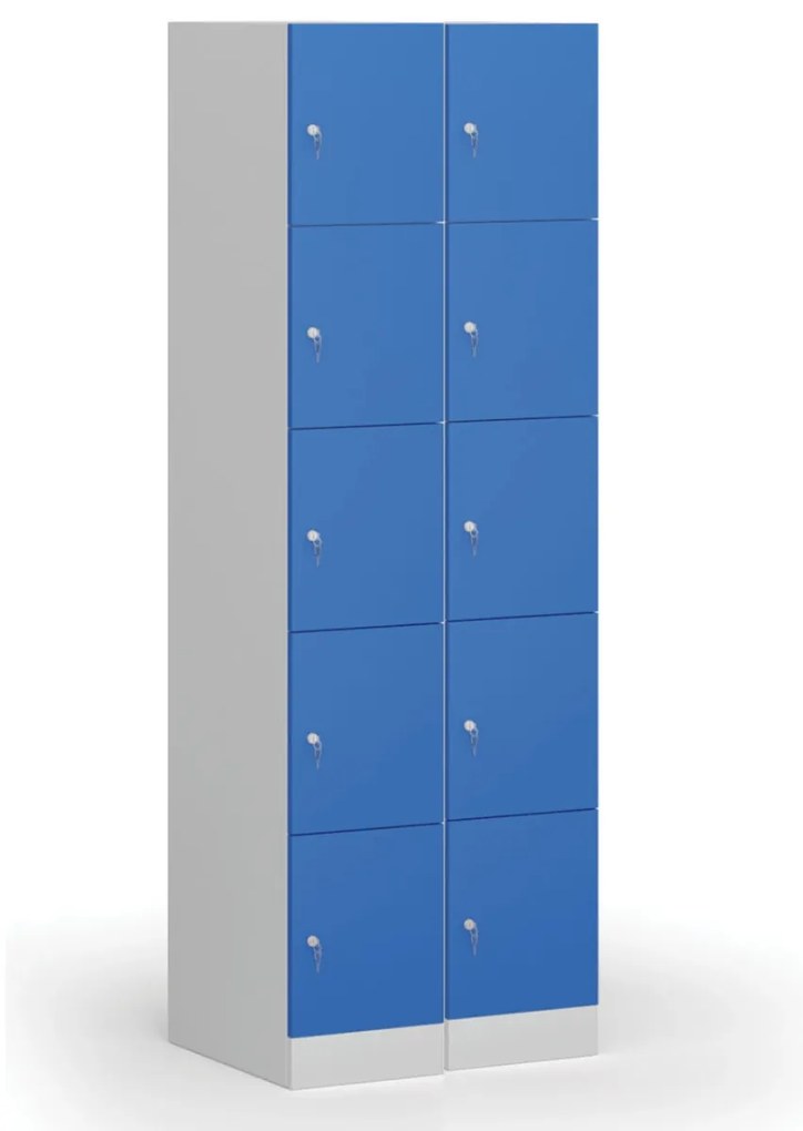 Šatníková skrinka s úložnými boxmi, 5 boxov, 1850 x 300 x 500 mm, demont, cylindrický zámok, modré dvere