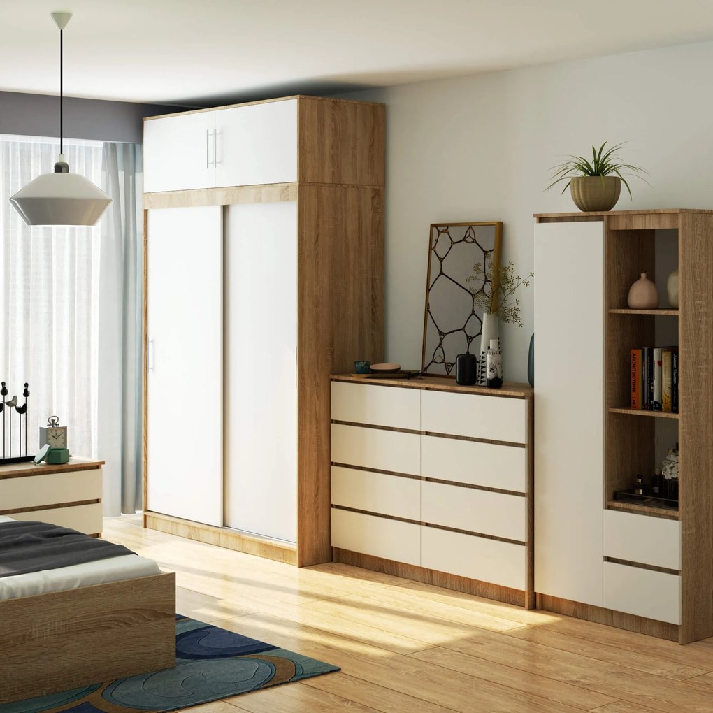 Šatní skříň s posuvnými dveřmi a nástavcem MONO CLP 150 cm dub sonoma/bílá