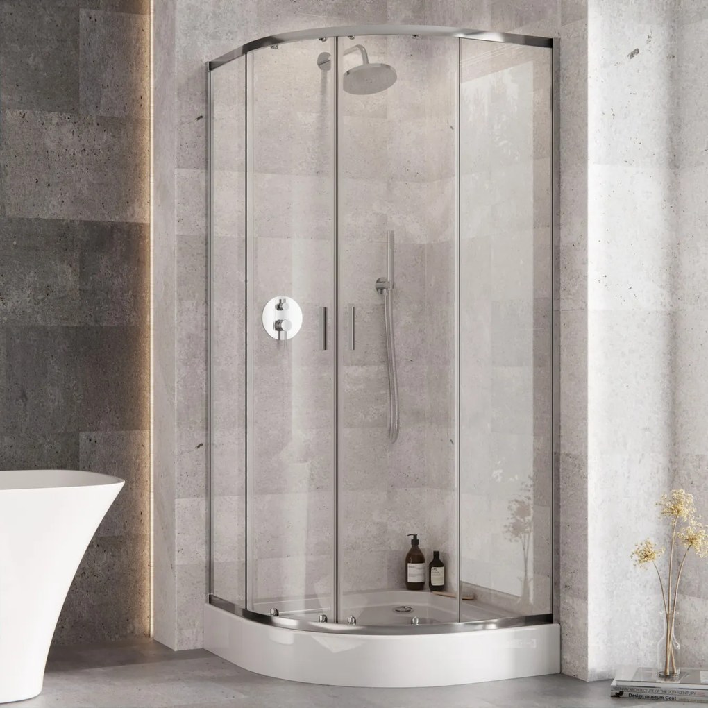 Besco Štvrťkruhový sprchový kút ZARYA CHROM HR 80x80 (90x90) + vanička ALEX biela BESCO-Rozmery: 80x80