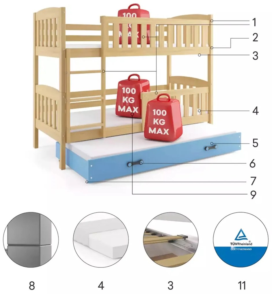 Poschodová posteľ s prístelkou KUBO 3 200x90 borovica - modrá