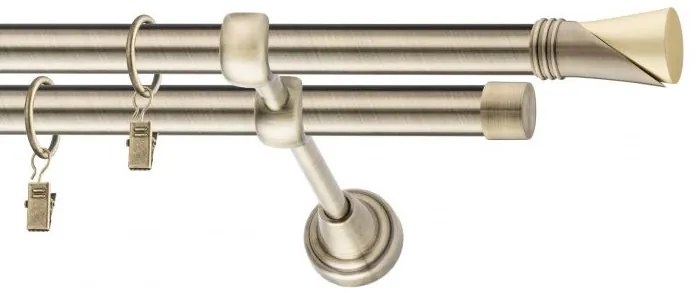 Dekorstudio Mosadzná dvojradová garniža VEGA 19mm Dĺžka: 200cm, Typ uchytenia: Držiak dvojitý modern, Typ príslušenstva: Krúžky tiché so štipcami