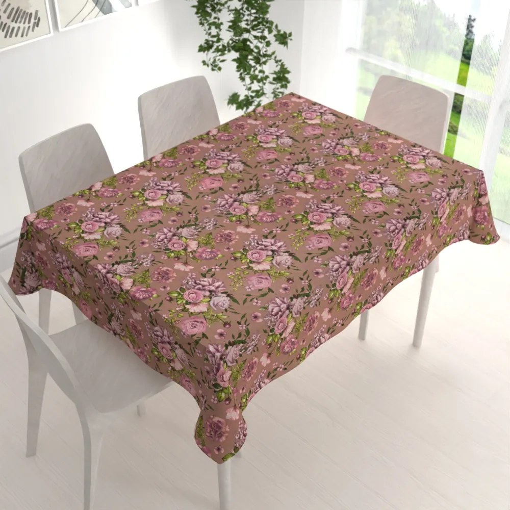 Biante Bavlnený obdĺžnikový obrus Sandra SA-554 Ruže a hortenzie na hnedom 60x100 cm