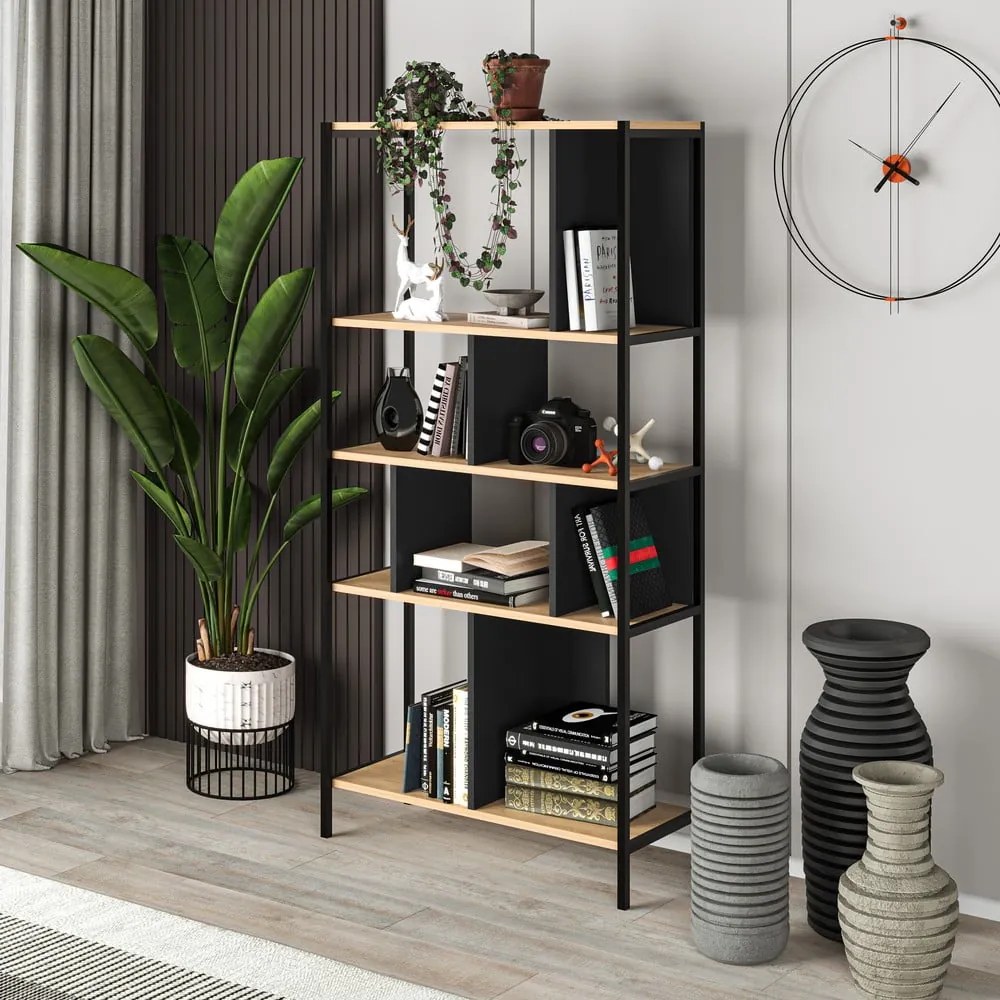 Knižnica v dekore duba v čierno-prírodnej farbe 88x175 cm Alabama – Marckeric