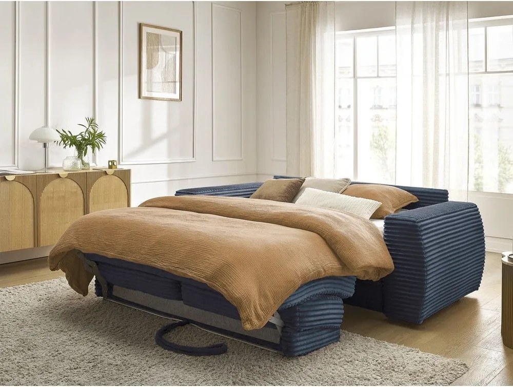 Tmavomodrá menčestrová pohovka na každodenné spanie/rozkladacia 220 cm Hugo – Bobochic Paris