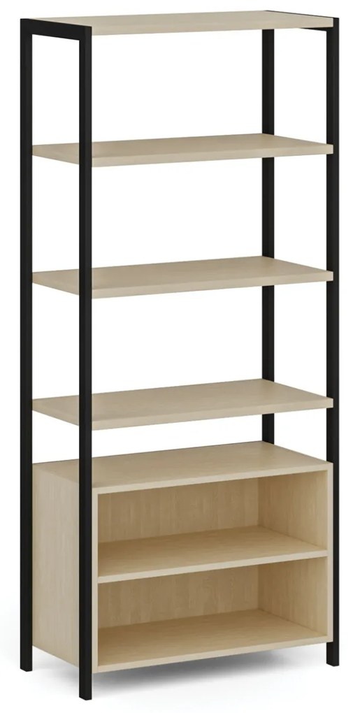 Policová stena HOME OFFICE s policovou skrinkou, čierna / breza