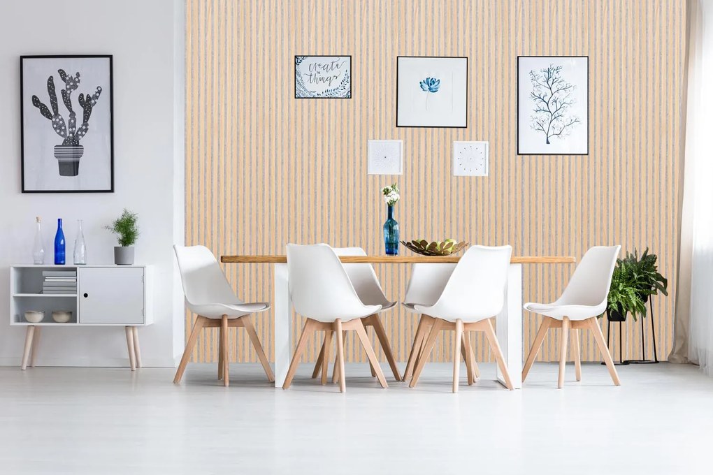 Drevený akustický panel, 2400 x 600 mm, sivý podklad, balenie 5 ks, dub