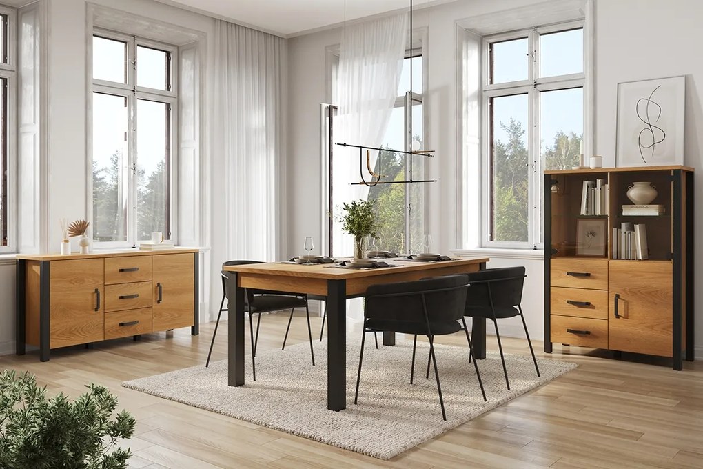 Komoda Olin 26 150 cm so zásuvkami - Dub karmelowy / Čierny supermat - ponuka Limitowana